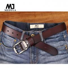 MEDYLA High Quality Genuine Leather Belt Luxury Strap Men Jeans Casual Pin Buckle Masculine Cummerbund 37mm