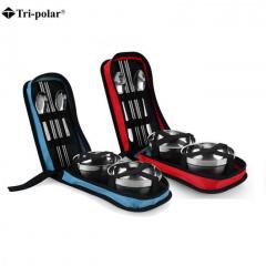 Tri-polar Stainless Steel Dinnerware Set Bowls Fork Spoons le Storage Bag for Camping