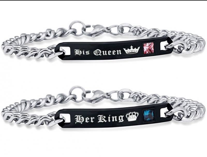 Her King His Queen Bracelets for Women and Men Black Stainless Steel  ST117