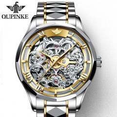 OUPINKE Luxury Men Automatic Mechanical Watch Skeleton Tungsten Steel