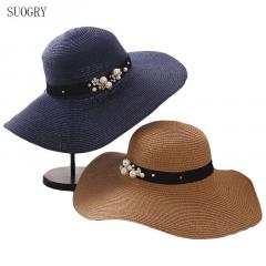 High Quality Summer Sun Hats for Women Solid Large Brimmed Black Floppy with Pearls 2022